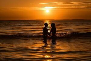 un' romantico coppia godendo un' nuotare a tramonto. il messa a fuoco di il Immagine voluto essere su il di coppia sagome nel il acqua, con il sole ambientazione nel il sfondo. generativo ai foto