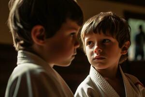 Due ragazzi durante judo la pratica. generativo ai foto