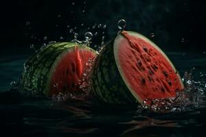 anguria siamo sommerso e gettato nel acqua. un' fresco e creativo pubblicità concetto per frutta fotografia. generativo ai foto