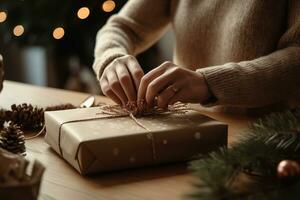 giovane donna mettendo il finitura tocchi su un' Natale presente lei è avvolgere. generativo ai foto