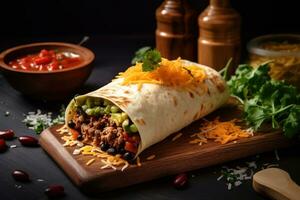 originale messicano burritos impacchi con Manzo e verdure su rustico di legno tavolo. concetto menu e annuncio. generativo ai foto