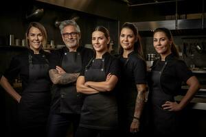 pubblicità ritratto tiro di un' cheff squadra in piedi insieme nel un' ristorante cucina e essi Guarda a il telecamera. generativo ai. foto