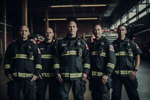 pubblicità ritratto tiro di un' i vigili del fuoco squadra in piedi insieme nel un' incendi stazione e essi Guarda a il telecamera. generativo ai. foto