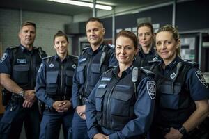 pubblicità ritratto tiro di un' polizia ufficiale squadra in piedi insieme nel il polizia stazione e essi Guarda a il telecamera. generativo ai. foto