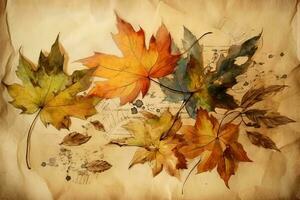 autunno le foglie acquerello su Vintage ▾ pergamena carta. generativo ai foto