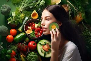 celebra il bellezza di natura e il energia di naturale ingredienti. il Immagine Caratteristiche un' donna circondato di lussureggiante verde, fresco frutta e verdure. purezza di naturale bellezza. generativo ai foto