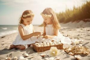 contento bambini giocare su il spiaggia nel un' soleggiato giorno. generativo ai. foto