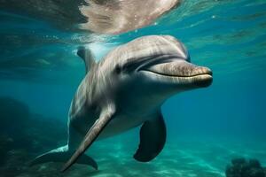 contento delfino nuoto nel luminosa chiaro turchese acqua. generativo ai foto