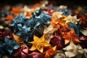 un' collezione di colorato origami carta nel contrastante sfumature, che rappresentano il arte di pieghevole e creatività. generativo ai foto