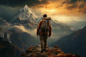 un' determinato escursionista ascendente un' stimolante montagna picco, simboleggiante il viaggio per successo. generativo ai foto
