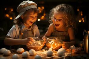 un' commovente momenti di genitori e bambini cucinando insieme, sottolineando il gioia di preparazione pasti con uova. generativo ai foto