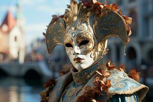 misterioso figura indossare un' veneziano carnevale maschera, evocando il fascino e eleganza di Venezia. generativo ai foto