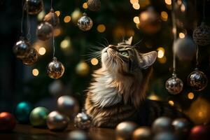 gatti scherzosamente schiacciando a Natale albero ornamenti. cattura il gioia e dispetto di vacanza preparativi. generativo ai foto