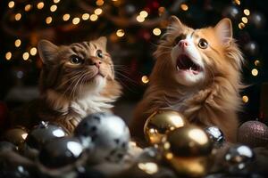 gatti scherzosamente schiacciando a Natale albero ornamenti. cattura il gioia e dispetto di vacanza preparativi. generativo ai foto