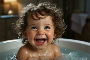 un' giovane bambino, con Riccio capelli e un' gioioso espressione, gode un' giocoso bagno nel un' bianca vasca da bagno. il del bambino risata riempimenti il aria come essi spruzzo in giro nel il acqua. generativo ai foto