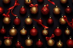 un' elegante rosso e oro Natale ornamenti disposte nel un' visivamente piacevole modello, aggiungendo un' toccare di raffinatezza e calore per ragnatela banner sfondo. generativo ai foto