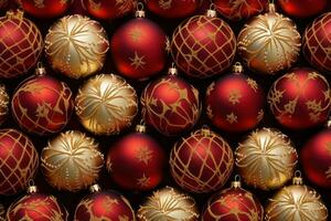 un' elegante rosso e oro Natale ornamenti disposte nel un' visivamente piacevole modello, aggiungendo un' toccare di raffinatezza e calore per ragnatela banner sfondo. generativo ai foto