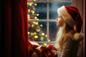 giovane ragazza guardare su di finestra su Natale notte. generativo ai foto