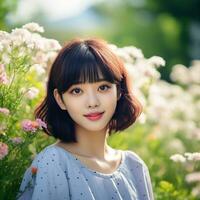 bellissimo asiatico ragazza nel fiore giardino ai generativo foto