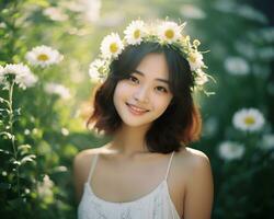 bellissimo asiatico ragazza nel fiore giardino ai generativo foto