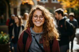 un' alunno ragazza con bicchieri e un' zaino, va a partire dal Università con sua colleghi e ride. ai-generato foto