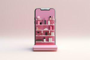 3d smartphone con cosmetico fare acquisti.online shopping concetto.creato con generativo ai tecnologia. foto
