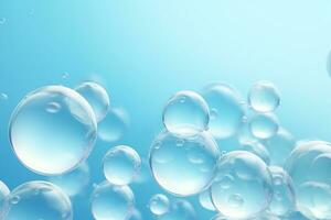 vicino su di acqua con bolle su un' blu sfondo per cosmetico sfondo.creato con generativo ai tecnologia. foto