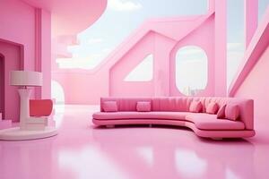 futurismo rosa vivente camera con copia con divano e impianti spazio nel il futuro.creato con generativo ai tecnologia. foto