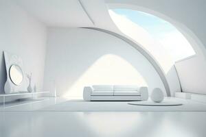 futurismo bianca vivente camera con copia con divano e impianti spazio nel il futuro.creato con generativo ai tecnologia. foto