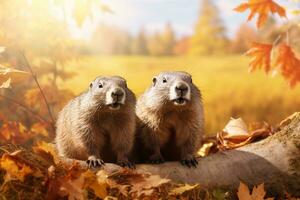 carino marmotte nel il autunno foresta con autunno foglie.create con generativo ai tecnologia. foto