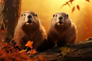 carino marmotte nel il autunno foresta con autunno foglie.create con generativo ai tecnologia. foto