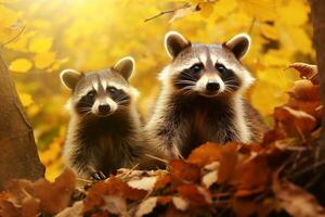 carino procione nel il autunno foresta con autunno foglie.create con generativo ai tecnologia. foto