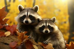 carino procione nel il autunno foresta con autunno foglie.create con generativo ai tecnologia. foto