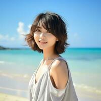 bellissimo asiatico ragazza godendo estate nel il spiaggia ai generativo foto