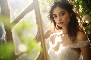 bellissimo asiatico ragazza su sposa vestito ai generativo foto