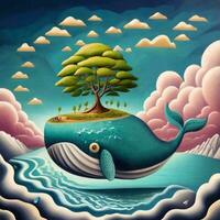 balena con un isola su suo Indietro, colorato grafica, astrazione foto