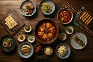 asiatico tradizionale piatti su di legno tavolo ai generativo foto