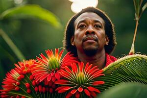 un' uomo con dreadlocks è Tenere un' mazzo di fiori. ai-generato foto