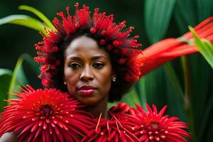 un' donna con rosso fiori nel sua capelli. ai-generato foto