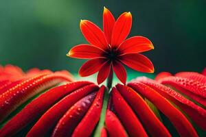 un' rosso fiore è seduta su superiore di un' verde pianta. ai-generato foto