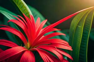 rosso fiore con verde le foglie nel il sole. ai-generato foto