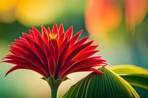 un' rosso fiore è nel davanti di un' verde sfondo. ai-generato foto