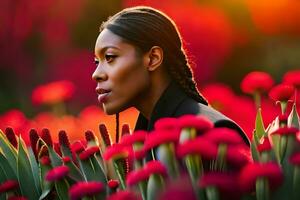 un' donna nel un' campo di rosso fiori. ai-generato foto