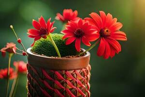 rosso fiori nel un' vaso su un' tavolo. ai-generato foto