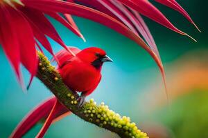 un' rosso uccello seduta su un' ramo con luminosa verde le foglie. ai-generato foto