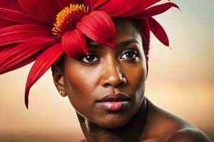 un' bellissimo donna con un' rosso fiore nel sua capelli. ai-generato foto