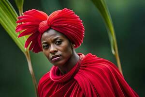 un' donna nel rosso vestito e copricapo. ai-generato foto