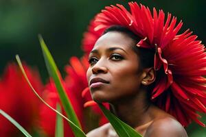 un' bellissimo donna con rosso fiori nel sua capelli. ai-generato foto