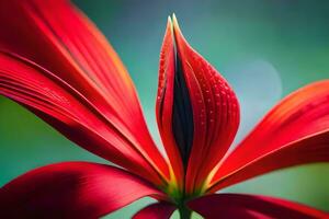 un' vicino su di un' rosso fiore con un' verde sfondo. ai-generato foto