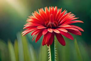 un' rosso fiore è in piedi nel davanti di un' verde campo. ai-generato foto